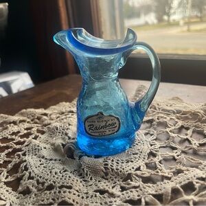 Vintage Hand-blown Rainbow Crackle Glass Ruffle Pitcher Vase Creamer Cobalt Blue